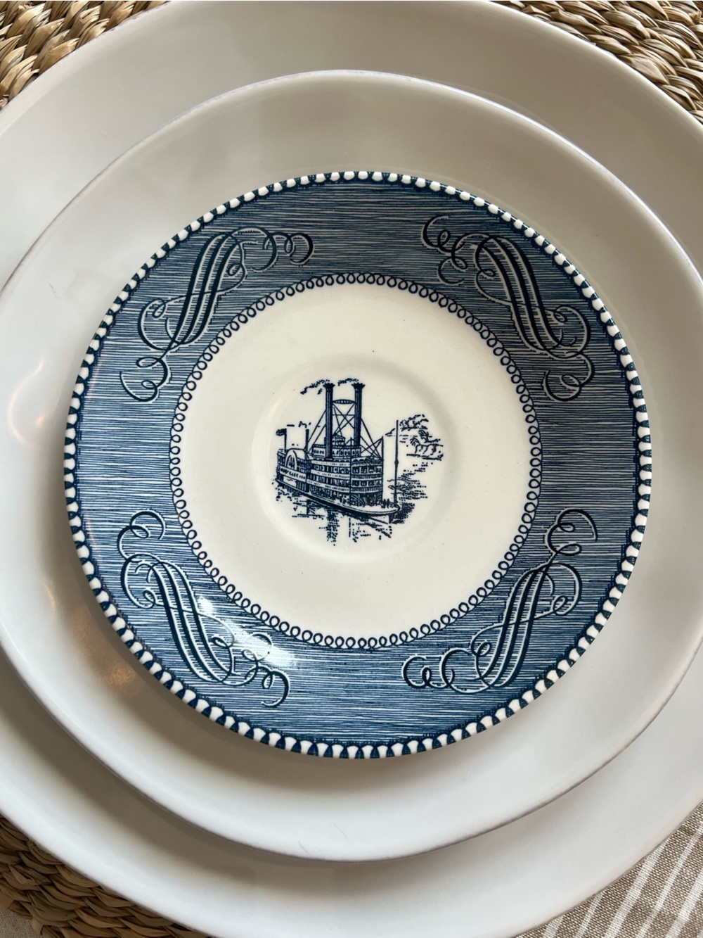 Currier and Ives Blue Transferware “Low Water on the Mississippi” - 4 Saucers